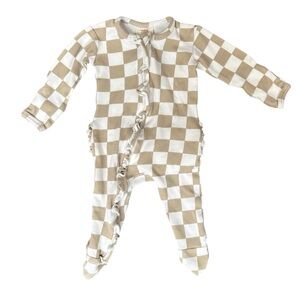 Beige Check Ruffle Footed One-Piece Footed Romper